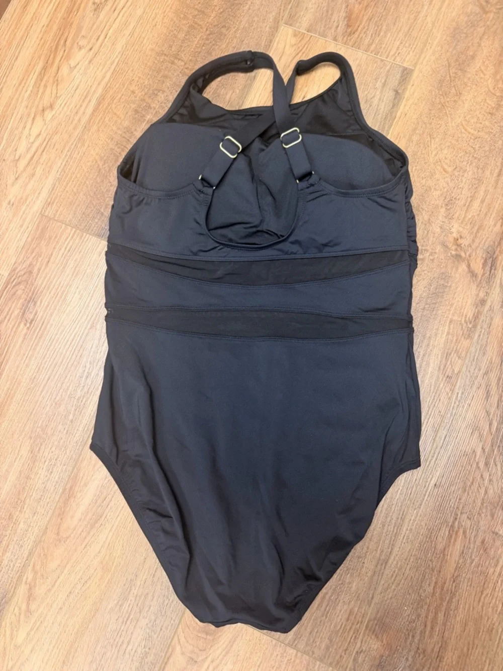 Lands’ End Black Mesh One Piece Swimsuit M Tummy Control UPF 50 High Neck